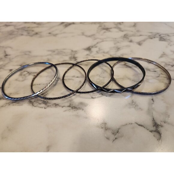 Silver & Black Textured Metal Bangle Bracelets Set Of 5 - Picture 4 of 5